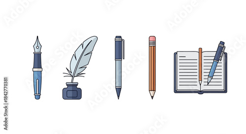 Writing Instruments - Fountain Pen, Quill, Ballpoint, Pencil, and Notebook.