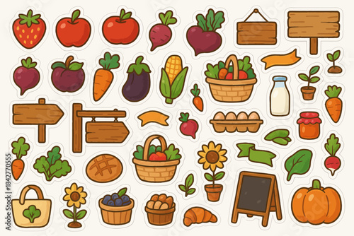Colorful farm produce and accessories: fruits, vegetables, and signs