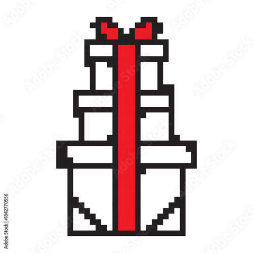 Christmas stacked gift boxes pixel art icon with editable stroke. Minimal festive vector for holiday design, cards, web, print, New Year projects, sales and winter celebrations.