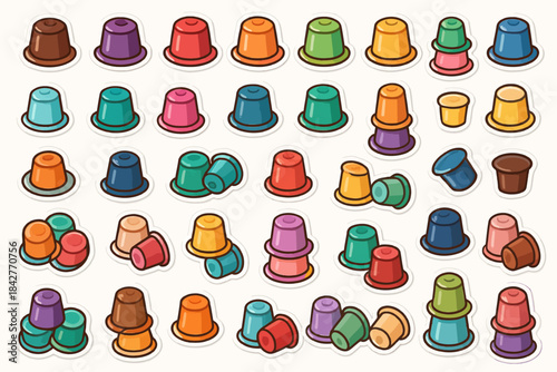 Colorful coffee capsules array in various arrangements on white background.