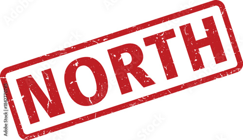 Distressed Red North Stamp Directional Indication with Grunge Texture on a White Background