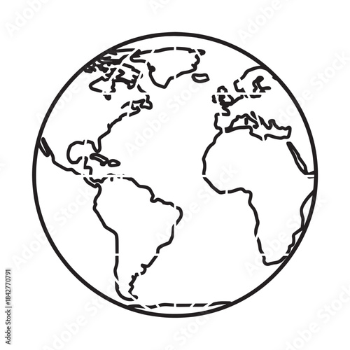 Minimalist line drawing of a globe showing continents and oceans from a global perspective.