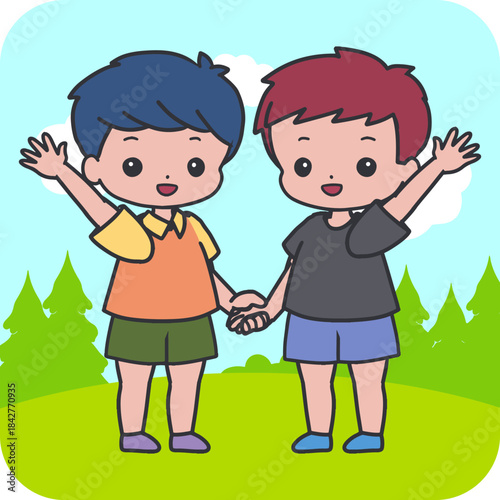 Cute Boys Handshake and Wave Hello Vector Art. Perfect for themes of friendship, greeting, school activities, children education materials, and happy kids character designs.