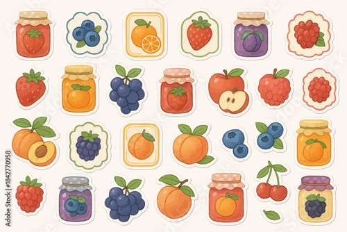 Colorful fruit and jam stickers featuring strawberries, blueberries, oranges, and more.