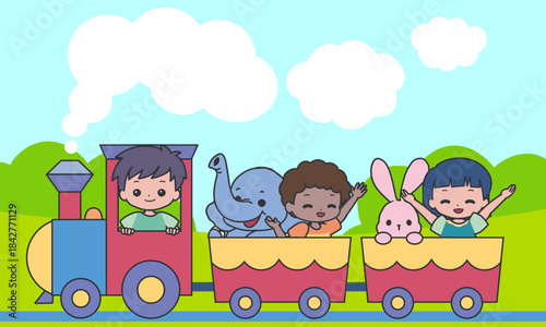 Playful Children and Animal Train Ride Vector. Perfect for children books, nursery decor, posters, classroom materials, stickers, party invitations, and educational design themes.