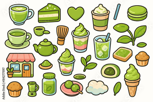 Colorful assortment of matcha-themed desserts and beverages in cartoon style.