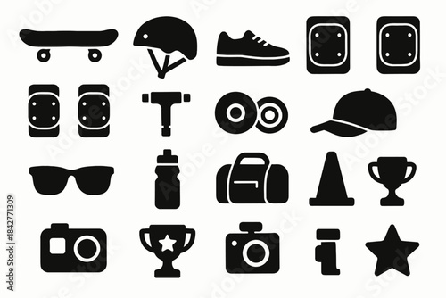 Skateboard and sports gear icons: helmet, sneakers, camera, trophy, bag, hat.