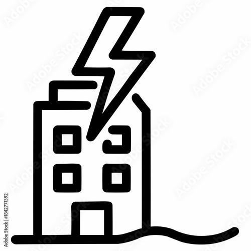 Line icon of a lightning bolt hitting a building, black on white, square minimalist style