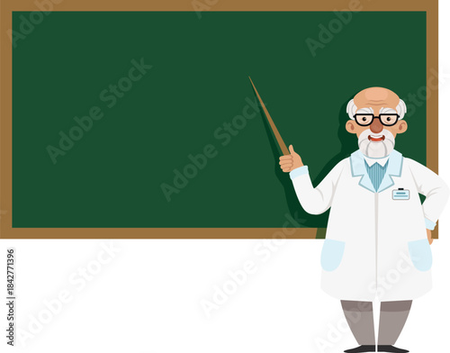 A man in a white lab coat stands in front of a green chalkboard with a pointer