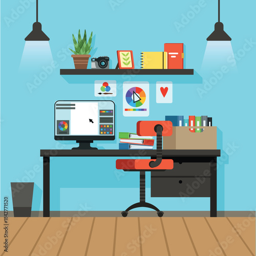 A computer desk with a red chair and a computer monitor