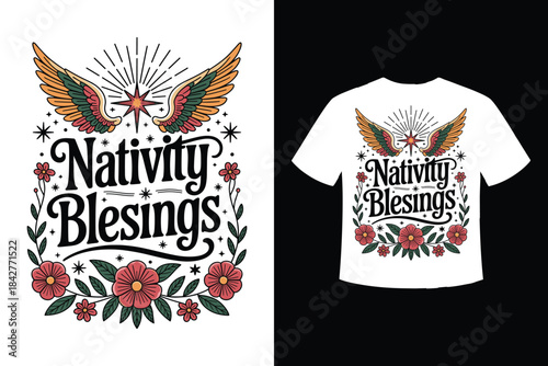 Nativity blessings design with vintage angel wings and floral wreath for a festive t-shirt