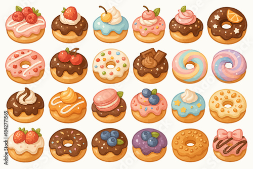 Colorful assorted donuts with various toppings and decorations.