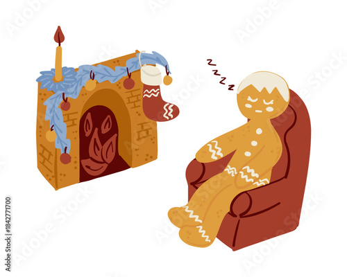 Hand drawn gingerbread man sleeping in armchair near fireplace with candle and festive decorations isolated on white background. This illustration represents cozy winter rest comfort