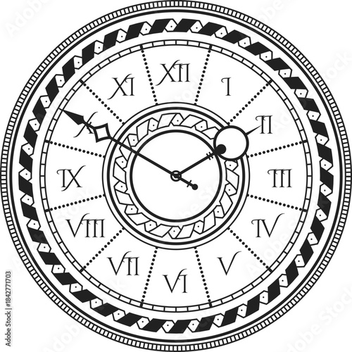 A black and white clock with Roman numerals