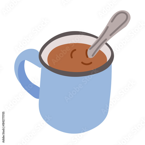 Hand drawn cup with hot chocolate and spoon isolated on white background in simple flat style. This illustration represents warm drink comfort cozy mood and everyday relaxation concept