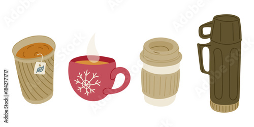 Hand drawn set of hot beverage cups and thermos including tea mug coffee cup and travel tumbler isolated on white background. This illustration represents warm drinks lifestyle comfort