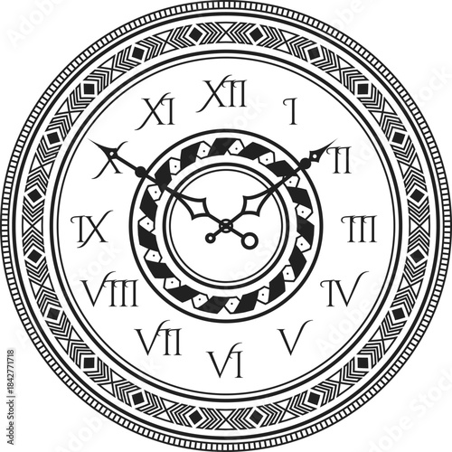 A black and white clock with Roman numerals on it
