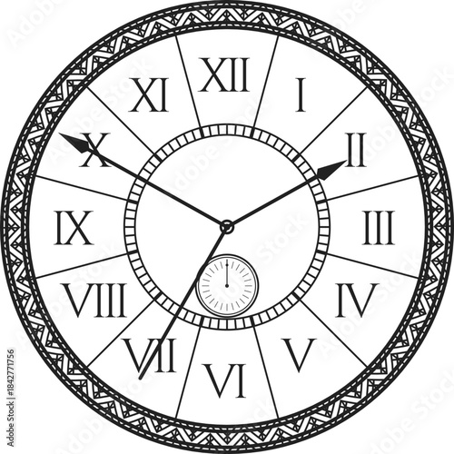 A black and white clock with Roman numerals on the face