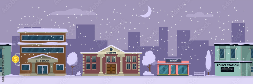 Obraz premium A city street with a bank, a school, and a store
