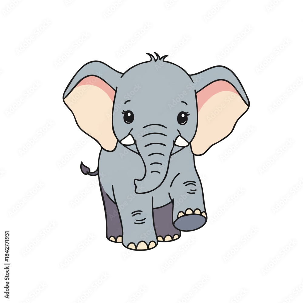 Naklejka premium Sweet baby elephant calf vector illustration in a minimalist flat 2D style, featuring delicate soft pastel colors isolated against a pure white background.
