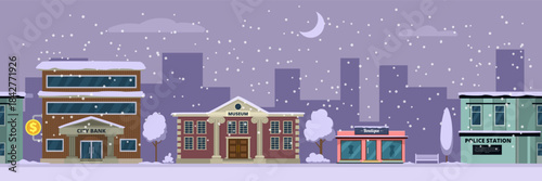 A city street with a bank, a school, and a store