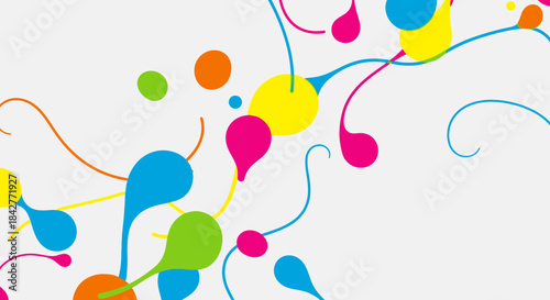 Vibrant colorful abstract illustration with multicolored droplets and swirling lines on white background for creative designs