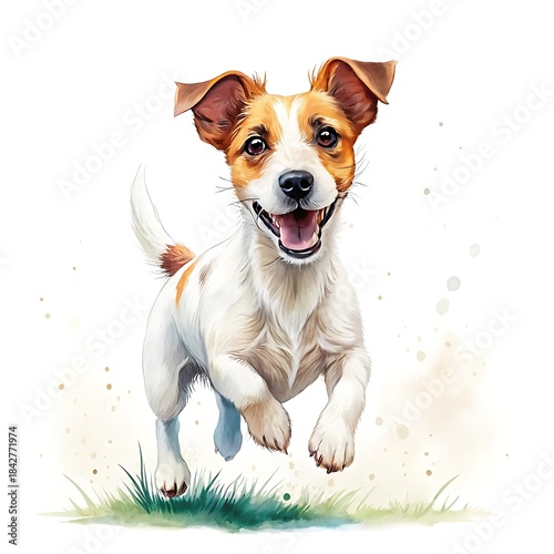 Happy jack russell terrier dog running watercolor style