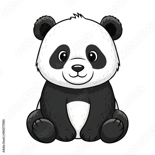 Cute baby panda vector illustration in a flat 2D style, featuring black and white colors, standing isolated on a bright white background, ready for a youthful audience.