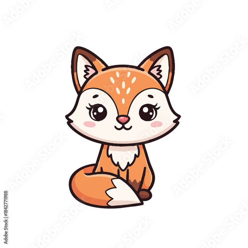 Adorable cartoon fox 2D flat vector illustration, perfect for cheerful nursery wall decor or children's apparel, presented simply on a clean white background.