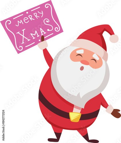 A cartoonish santa holding a sign that says Merry Christmas