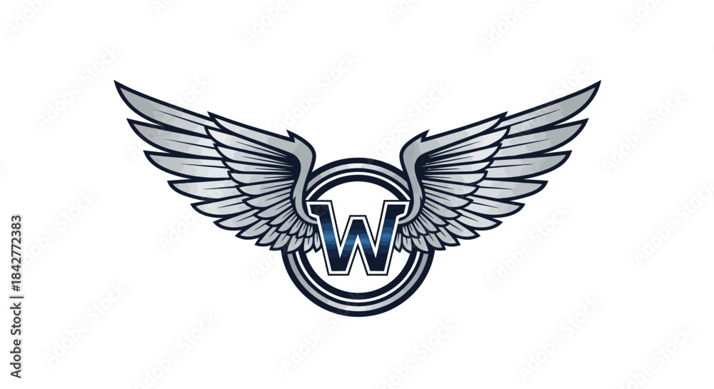 Obraz premium Detailed illustration of a stylized winged letter w logo with silver wings and blue accents on a white background for branding or design use