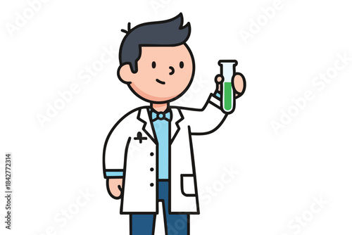 Cartoon lab worker holds up a test tube of green liquid in a white lab coat