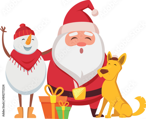 A cartoon of a dog and a snowman with a santa standing between them