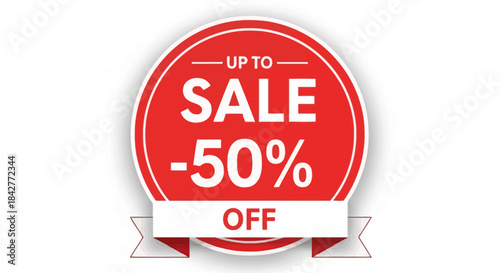 Red sale badge with up to fifty percent discount on white background