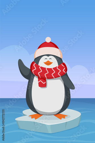A penguin is standing on a block of ice with a red scarf around its neck