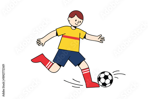 A cartoon child kicks a soccer ball, dressed in sports attire