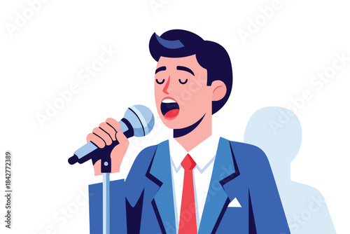 A man in a blue suit sings into a microphone, with a silhouette in the background