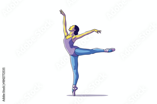 A ballerina in a leotard and leggings poses in a graceful arabesque