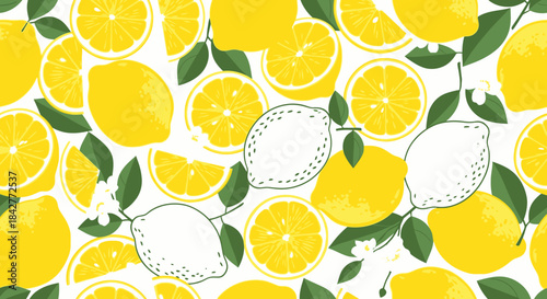 Vibrant digital illustration of lemons and lemon slices with leaves on white background, colorful citrus pattern