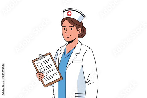 A smiling nurse in a white coat and cap, holding a clipboard