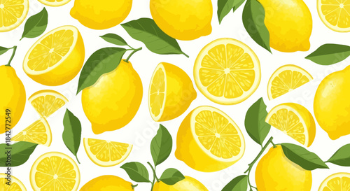 Vibrant illustration of lemons and lemon slices with green leaves on white background, citrus fruit pattern