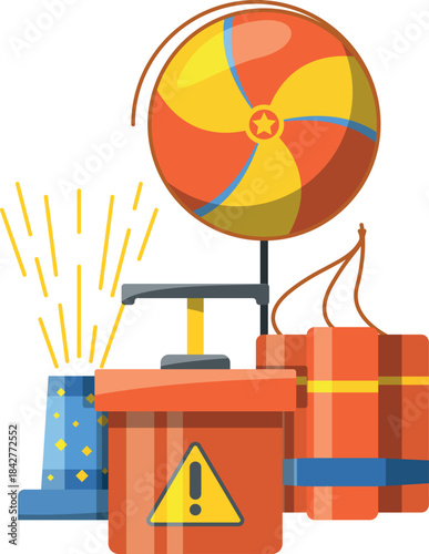 A cartoonish scene of a bunch of fireworks and a yellow and orange candy