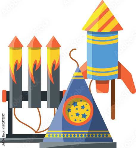 A blue and yellow firework rocket is on top of a blue and yellow firework