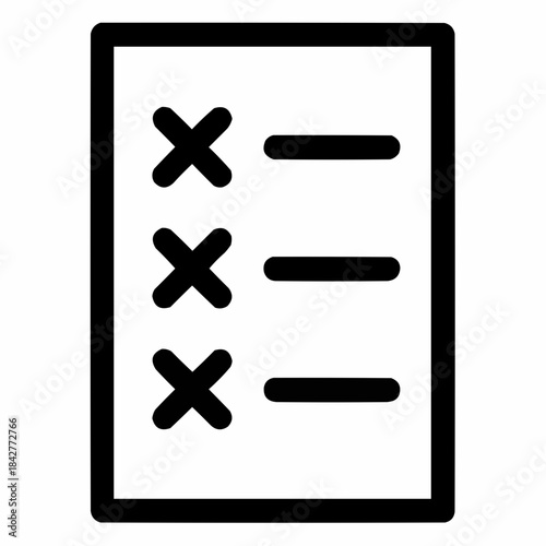 Line icon of a checklist with crossed items — restructuring, black on white, square minimalist style