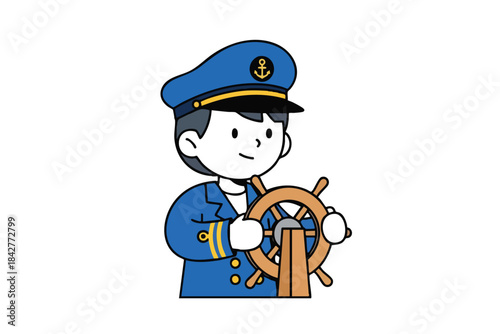 Cartoon captain wearing blue uniform and cap, holding wooden ship wheel