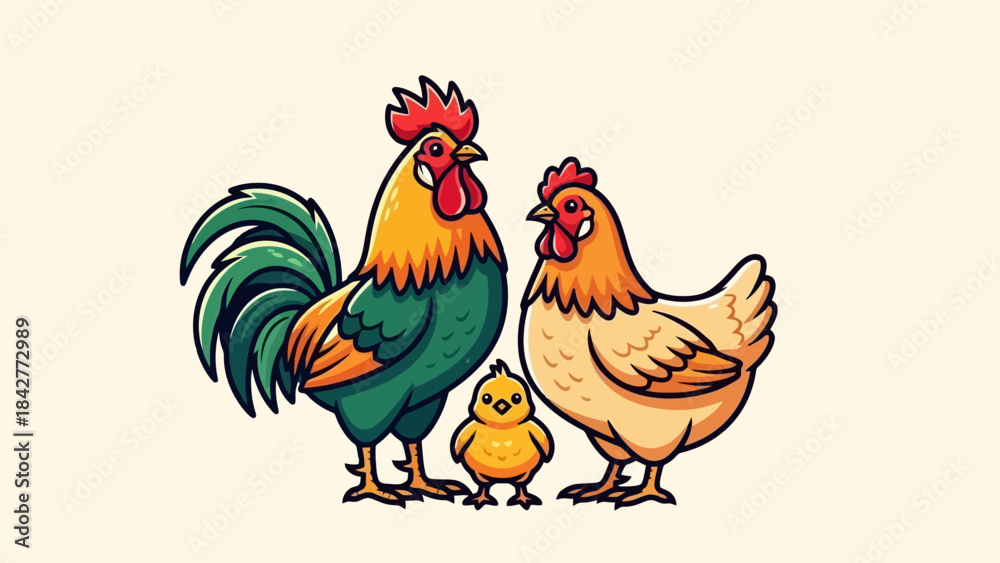 Fototapeta premium Cartoon Family of Chickens, Rooster, Hen and Chick, Farm Animals Illustration