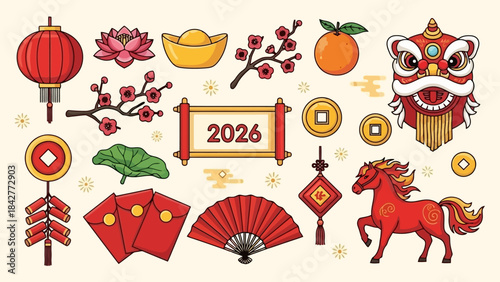 Chinese New Year Symbols Vector Illustration 2026 Celebration Elements Collection