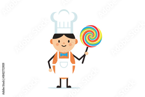 A cartoon chef with a lollipop, smiling. He wears a chef hat, bow tie, and apron