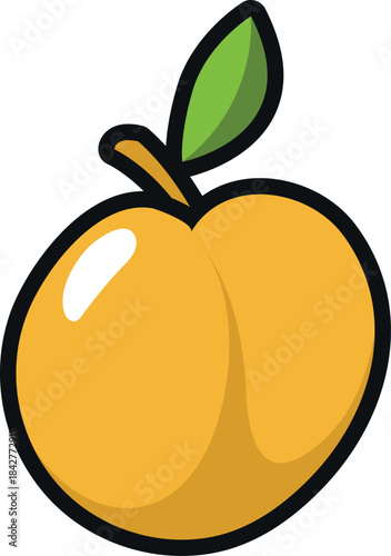 A cartoon drawing of a yellow peach with a green leaf on top