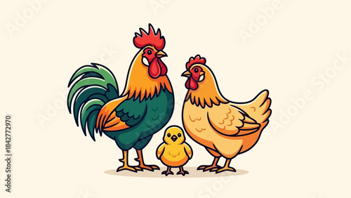 Cute Cartoon Chicken Family with Rooster, Hen, and Chick, Vector Illustration